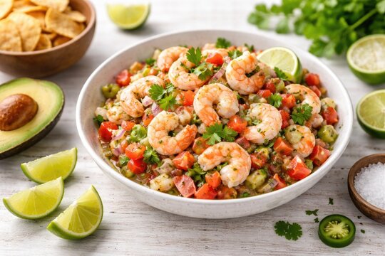 Authentic shrimp ceviche appetizer on white wood surface with copy space for design