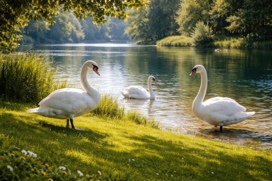 Serene summer day with elegant swans frolicking near a fresh green grass lawn and crystal white lake