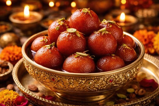 Gulaab Jamun Sweets in Decorative Golden Bowl for Festive Celebration