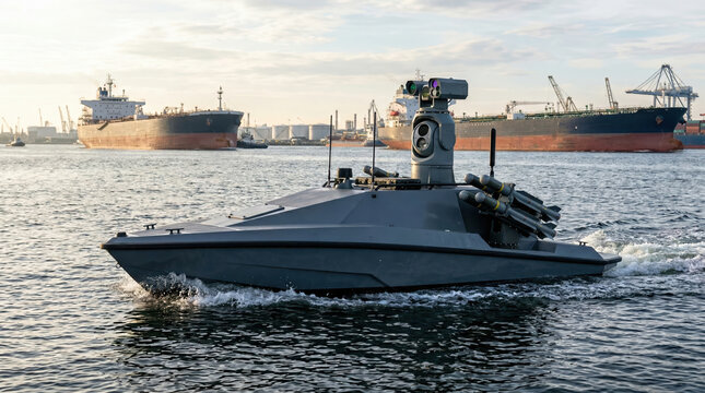 A military drone water type unmanned vehicle moves through water near a busy port. Cargo ships can be seen in the background. The scene shows maritime activity