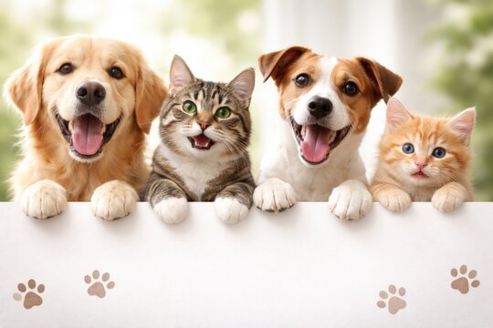 Cheerful pet interaction featuring dogs and cats with paws on a white banner for animal admirers