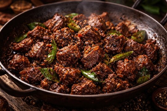 Buffalo meat pepper fry cooked with rich spices in a traditional method