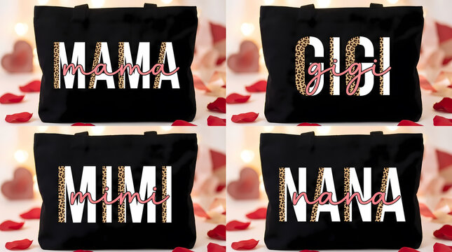 Customizable grandma tote bags, personalized Mama, Gigi, Mimi, Nana bags, black shopping pouches with colorful text, gift ideas for mothers, family themed accessories
