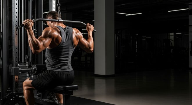 Muscular Man Doing Lat Pulldown Exercise in Modern Gym