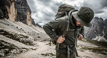 Fototapeta premium Hiker Adjusting Backpack on Rugged Mountain Path