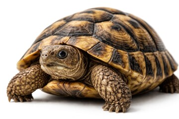 Obraz premium Close up portrait of Hermann tortoise showing detailed shell textures on a plain white backdrop for nature imagery