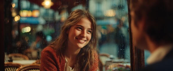 Fototapeta premium Smiling Girl Looks at Partner at Outdoor Table in Paris Brasserie During Daytime in Natural Light