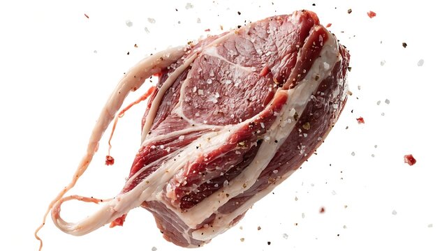 Flying close up raw meat texture with fat and seasoning cut out isolated on white background with shadow. AI generated.