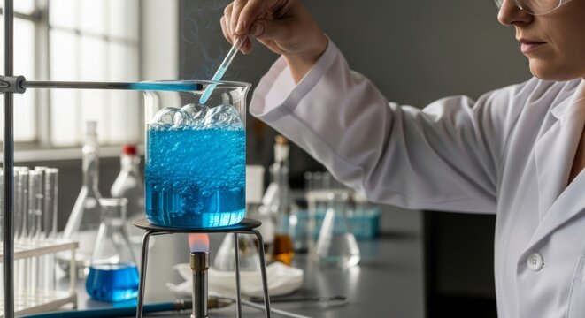 Scientist heating blue liquid in beaker with Bunsen burner