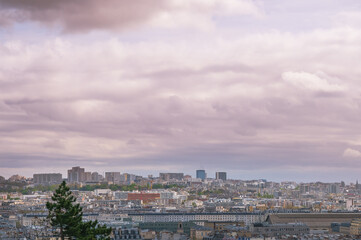 Fototapeta premium Panoramic view of Paris cityscape with cloudy sky and distant buildings