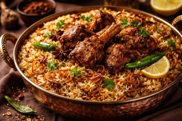 Fototapeta premium Savory meat biryani featuring tender mutton and vibrant spices