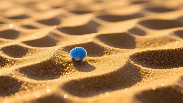Vibrant blue seashell on golden sand dunes, small blue shell in desert ripples, minimalist coastal nature background with warm sunlight