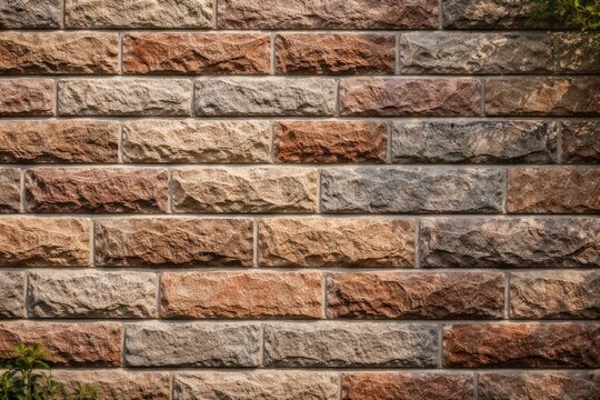 Textured horizontal brick wall on an outdoor stone facade with natural light