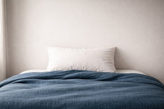cozy bed featuring centered white pillow blue coverlet and blank wall area