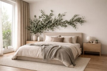 Fototapeta premium Contemporary apartment bedroom showcasing eucalyptus branch decor