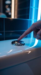 Obraz premium Finger Pressing Toilet Flush Button in Modern Bathroom