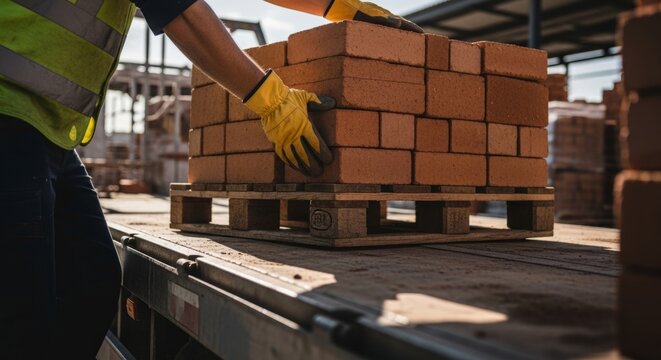 Worker loading bricks on pallet onto flatbed truck