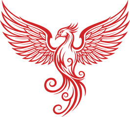 Fototapeta premium Red phoenix bird tribal vector illustration with elegant spreading wings and swirls isolated on white background for mythological logo design