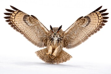 Fototapeta premium Majestic eagle owl landing gracefully with wings spread wide on white background