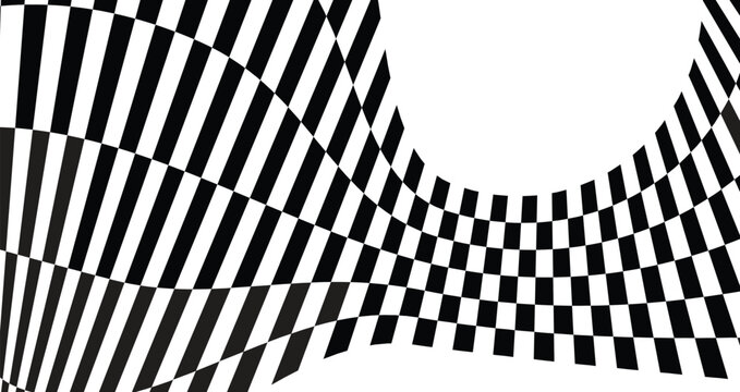 Abstract wavy checkered pattern optical illusion black white geometric background