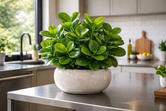 Daytime view of a vibrant green clusia plant placed in a ceramic container atop a sleek metal table in a modern kitchen