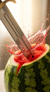 Sword Slices Watermelon, Dramatic Juice Splash in Soft Light
