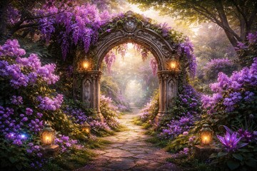 Fototapeta premium Whimsical stone archway in a surreal garden filled with lush lilac bushes and fantasy flora