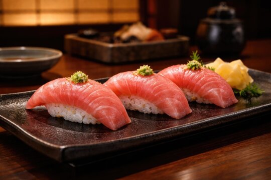 Luxury Edo style otoro sushi served on a sleek black plate in a traditional Japanese omakase meal