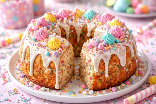 Delightful funfetti cake ring decorated with sugary drizzle and bright toppings