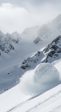Snowball Effect on Mountain Slope, Winter Adventure
