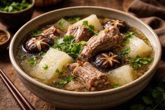 Traditional winter melon and pork rib broth with shiitake mushrooms and fresh herbs