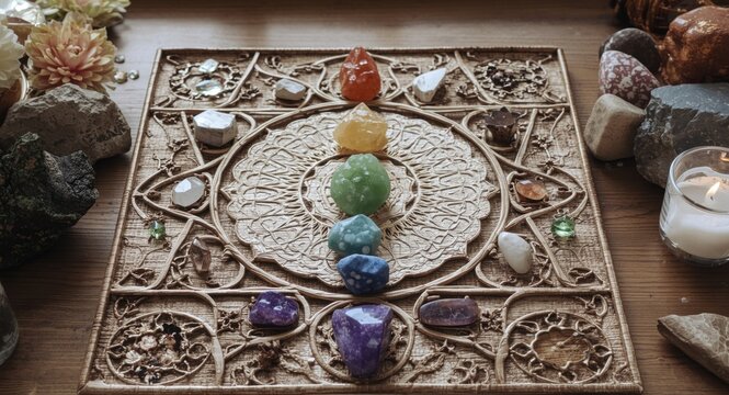 Therapeutic chakra grid made with crystals and gemstones enhancing meditation and healing energy
