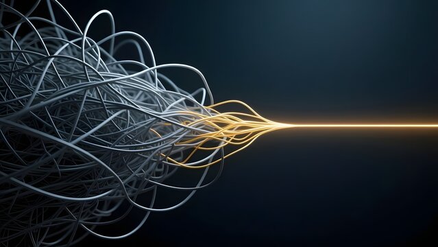 Abstract tangled cables merging into a single glowing line, concept of data simplification and streamlined connectivity, complex wire network to simple path