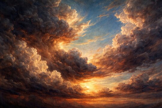 Oil painting of a breathtaking sky with dramatic cloud formations