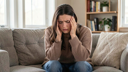 Obraz premium Woman sits on couch, holding head in distress. She grips her temples, showing discomfort. Soft light enters through windows behind her. Couch and bookshelf create calm, domestic setting