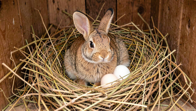 Brown rabbit sits in straw nest. Two white eggs rest beside it. Wooden box forms cozy enclosure. Rabbit gazes forward calmly. Natural light highlights fur texture. Scene feels peaceful and intimate