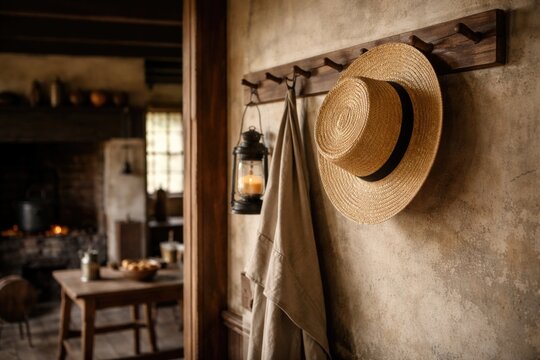 Colonial era home replica featuring Amish straw hat draped on a wooden hook