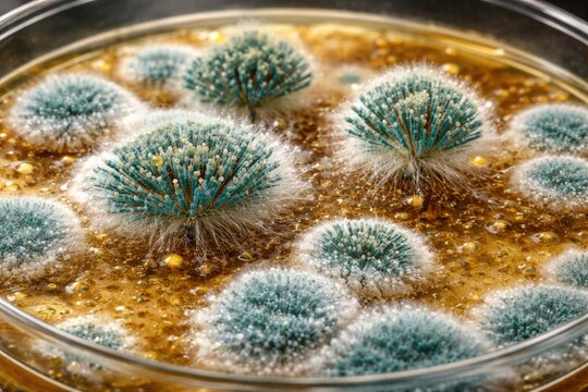 Close up of Penicillium mold actively producing penicillin antibiotic on nutrient agar