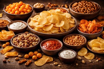 Obraz premium Bright table display of assorted potato chips pretzels and cheese balls with nuts
