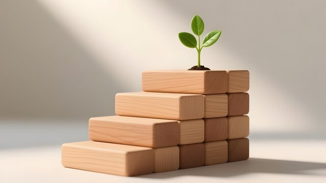 Sustainable business growth concept with green plant sprout on wooden block stairs, natural wood steps for career development and financial success