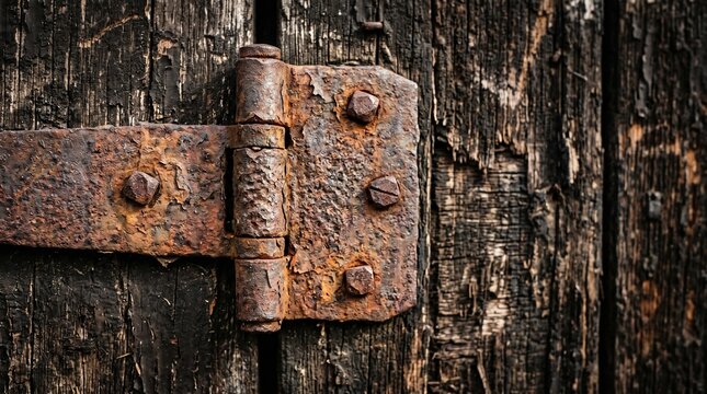 Rusty old hinge on a weathered wooden door closeup