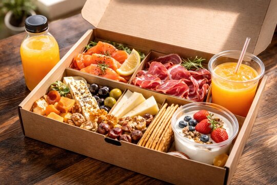 Cardboard box breakfast with salmon Iberian ham cheese and chilled orange juice
