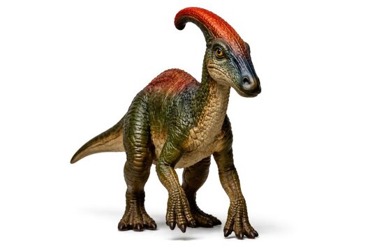 Detailed Parasaurolophus toy dinosaur isolated front view on plain white background with clipping path