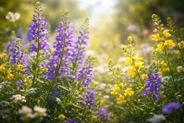 Obraz premium A vibrant summer floral background featuring Baicalensis and Scutellaria herbs in natural setting
