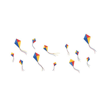 Colorful kites fly high in a clear blue sky on a sunny day outdoors freely.