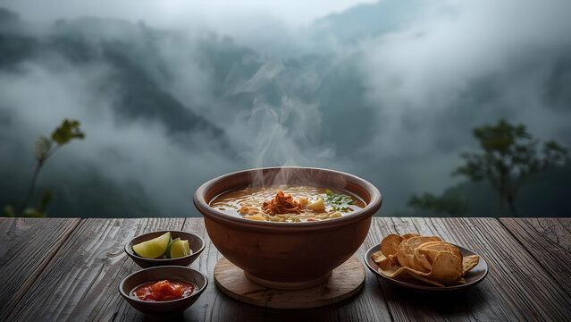 Steaming Hot Noodle Soup Bowl with Chips and Lime on Rustic Table, Misty Mountains Background