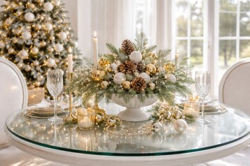 Fototapeta premium Holiday decorated glass round table on a sunny day in bright white interior