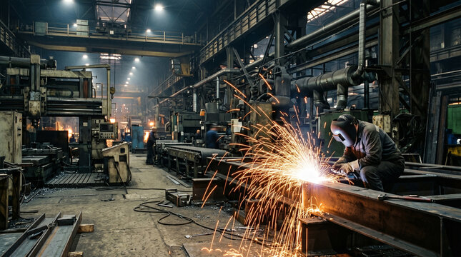 Factory sparks and machinery, industrial background, Labor Day