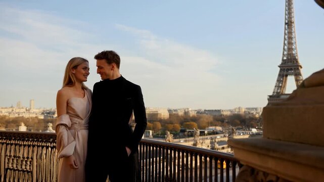 Couple On Balcony With Eiffel Tower. Stylish Lovers Embrace With Iconic Paris Skyline Behind Them