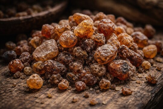 Close up of natural myrrh resin from a medicinal tree